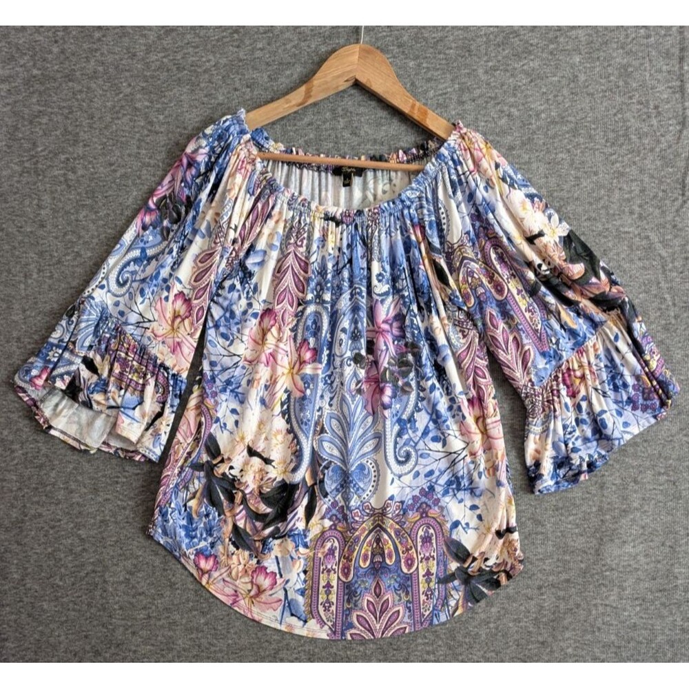 Cupio Woman's Blouse Bohemian Style multicolor Geometric Print Bell Sleeve Small
